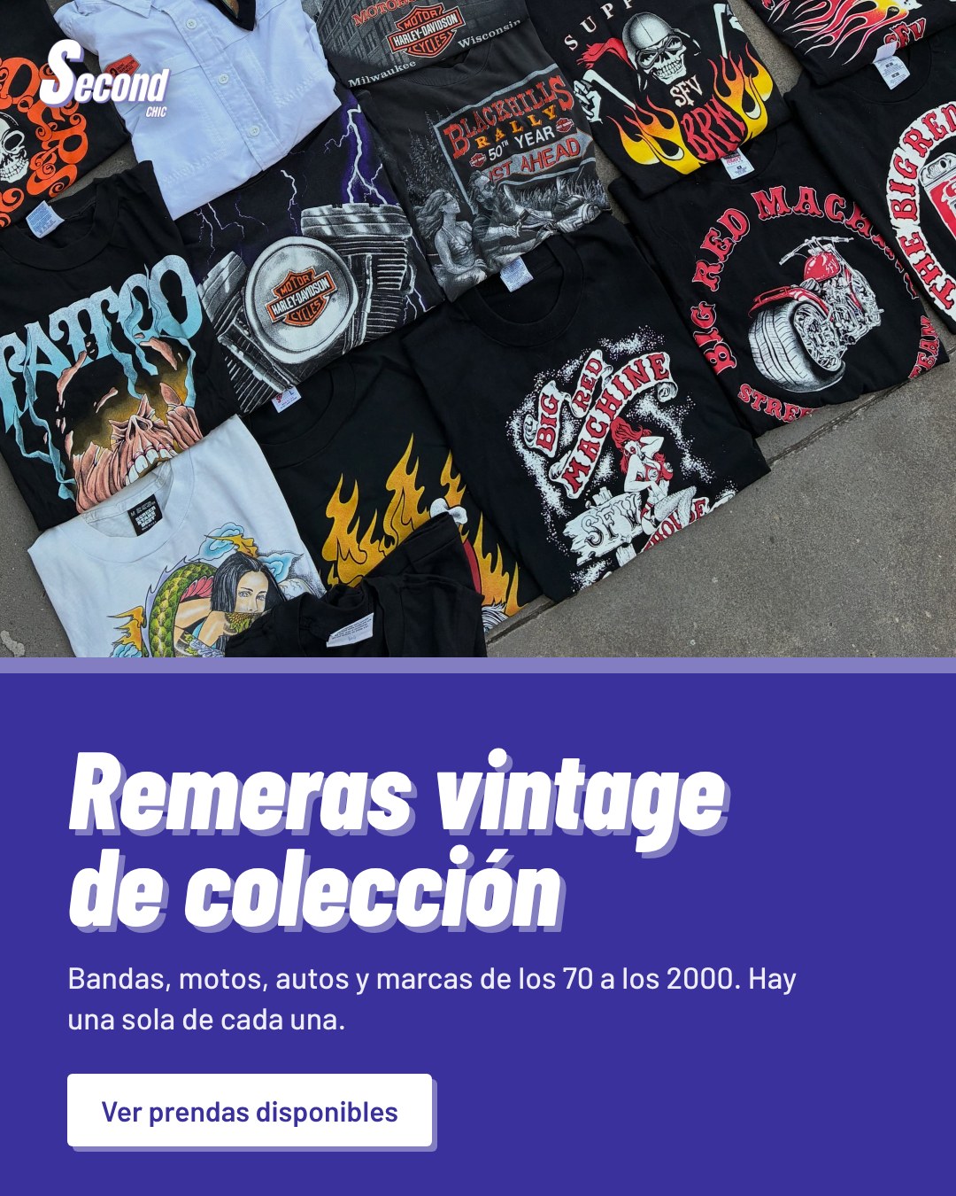 Remeras vintage de colección: bandas, motos, autos y marcas de los 70 a los 2000. Ver prendas disponibles.